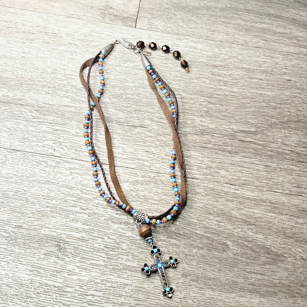 layered western-style  Turquoise brown blue Cross Pendant Necklace
